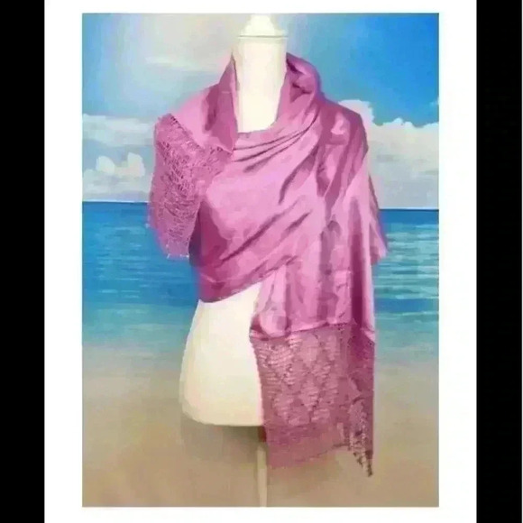 LIZ CLAIBORNE Rectangle ROSE PINK Wide Weave Trim Wrap Hijab Cover Accent Shawl - Picture 2 of 8